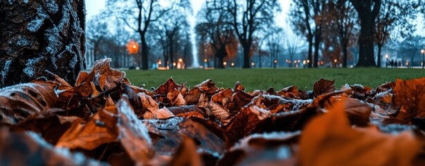 Autumn Landscape with Fallen Leaves and Frost in a City Park