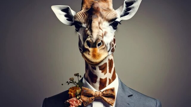 Stylish Giraffe anthropomorphic, wearing suit and wooden bowtie, elegant, with flower boutonniere, cool, artistic and unusual, against muted background