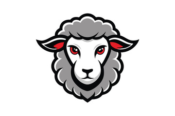 A striking sheep logo features gray wool and captivating, intense red eyes on white