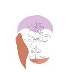 A minimalist line art illustration features a serene face with closed eyes. Abstract organic shapes in muted terracotta, peach, and lavender accent the contemporary, spiritual aesthetic against a whit