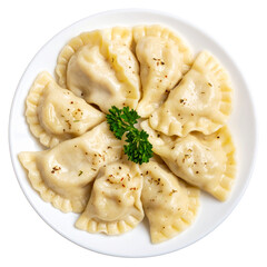 Top view of Pierogi, Poland in plate isolated on transparent background, object, cut out