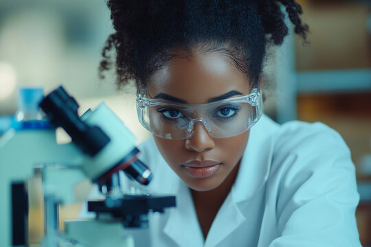 Portrait of Black Female Scientist Analyzing Test Sample Under Microscope in Modern Lab

