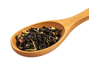 Side View of Rustic Wooden Spoon with Blended Green and Black Tea Leaves, Casting Soft Shadow, Transparent Background