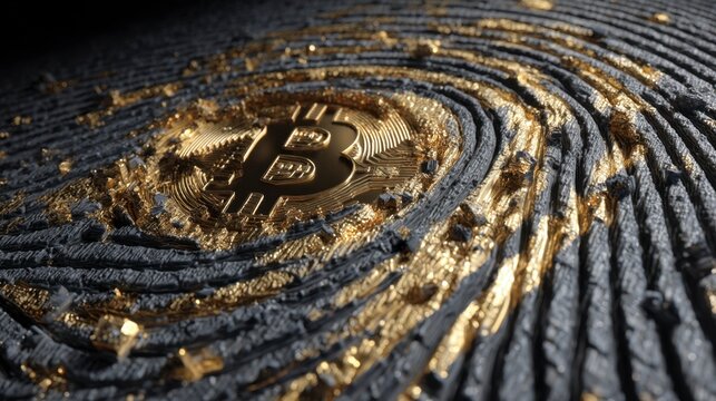 Close-Up of Fingerprint Pattern with Bitcoin Symbol in Center
