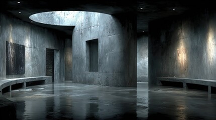 Modern concrete hall with tall columns and glowing windows, embodying minimalist elegance and serene spaciousness
