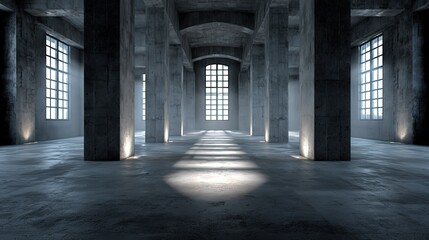 Modern concrete hall with tall columns and glowing windows, embodying minimalist elegance and serene spaciousness
