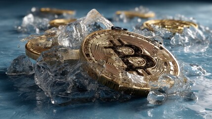 Bitcoin Coins Partially Covered with Melting Ice on Water Surface