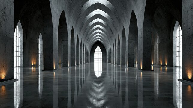 Modern concrete hall with tall columns and glowing windows, embodying minimalist elegance and serene spaciousness
