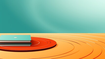 Fototapeta premium Stack of Books on Orange Platform Against Teal Backdrop, Abstract Minimalist Presentation Mockup
