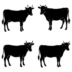 Silhouette illustration featuring four cows in various poses against a white background design element