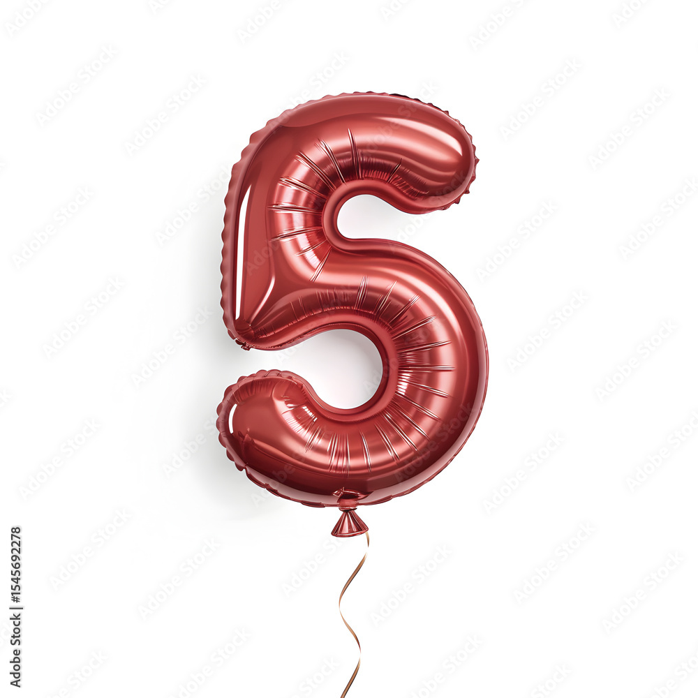 Fototapete A balloon shaped like the number 5,glossy red metallic finish with realistic reflections and smooth texture.