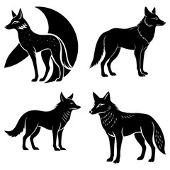Four black silhouette fox illustrations with varying designs and poses on a white background art