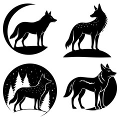 Four wolf silhouettes in various poses and settings including moon trees and snowy backgrounds vector art