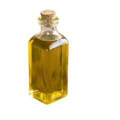 Close-up Moringa Oil in glass bottle with dried seeds and pods on a transparent background