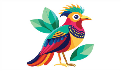 Fototapeta premium Vibrant colorful bird with tropical leaves illustration