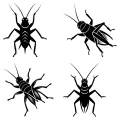 Collection of four cricket illustrations in black silhouette on a white background design vector art