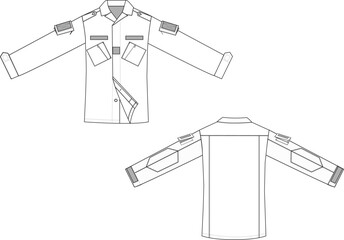 Military Utility Shirt Front and Back Illustration, Tactical Shirt with Multiple Pockets
