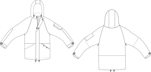 Winter Hooded Jacket Front and Back Illustration, Zip-Up Jacket with Pockets and Sleeves