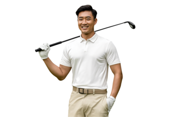 Portrait of happy adult asian golfer posing with a golf club wearing white glove