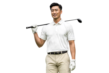 Portrait of happy adult asian golfer posing with a golf club wearing white glove