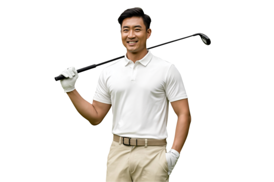 Portrait of happy adult asian golfer posing with a golf club wearing white glove - Powered by Adobe