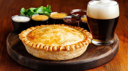 australian meat pie on rustic wooden table arranged with beer flight and sauce trio, highresolution capture with moody bistro aesthetic