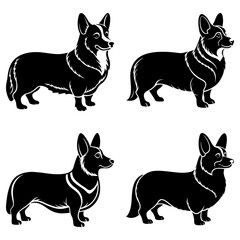 Four corgi dog silhouettes in black and white showcasing different coat markings and poses on white