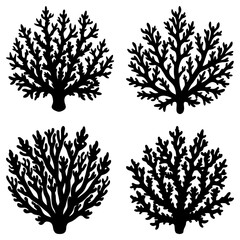 Four stylized black coral silhouettes arranged on a white background in a symmetrical composition