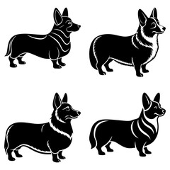 Four corgis in black and white showcasing different poses and stylistic variations of the breed design