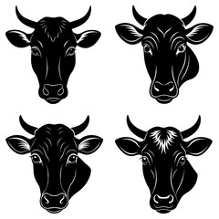 Four black and white vector illustrations of cow heads with horns in various orientations and styles