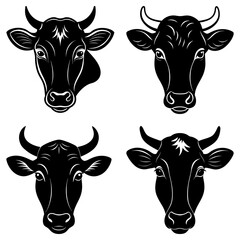 Four black and white cow heads with horns arranged in a square pattern on a white background art