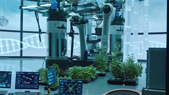 Robotic arms operate in futuristic biolab designed for protein synthesis, surrounded by cultivated plants and digital monitors, glass walls open toward urban skyline, blending biology with AI 