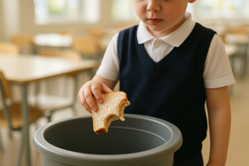 Young child throwing away bread in classroom, wasteful food behavior, school lunch disposal, childhood nutrition awareness concept