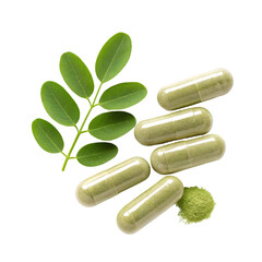 Finely organic dried Moringa leave powder in capsule with green leave isolated on a transparent background