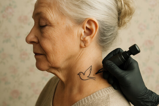 Senior woman calmly receiving bird tattoo on neck, modern body art expression and elderly empowerment in peaceful atmosphere