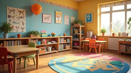 Fototapeta premium Bright classroom with colorful decor and a warm atmosphere, inviting students to learn eagerly