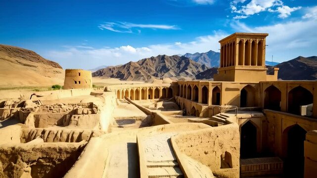 Ancient clay architecture complex with wind catchers and open courtyards against a mountain backdrop under blue sky, historical Middle Eastern building