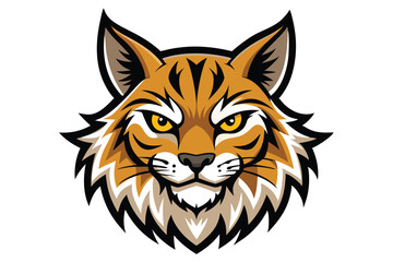 Stylized illustration of a bobcat head shows the feline's striking orange, black, and white fur