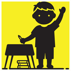 Obraz premium Black silhouette of a young boy and books near a table on a yellow background