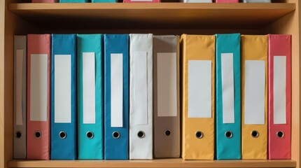 Brightly colored binders on a shelf await the school season, promoting organization and readiness