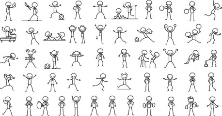 Stick figure workout icons, gym activity sketch, fitness doodle illustration, cartoon exercise poses, sports training vector, physical activity drawing, children workout line art design graphic.