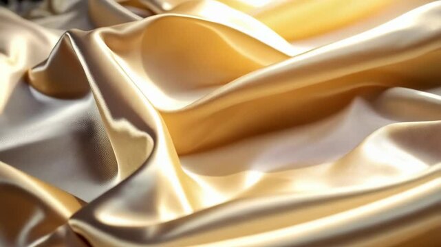 Elegant flowing golden silk fabric with soft light creating delicate folds and waves showcasing the luxurious texture and smooth surface.