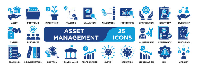 Asset Management icon collection set. Containing asset,portfolio,investment,tracking,valuation,allocation,monitoring,optimization,inventory,ownership icon. dual tone vector.	