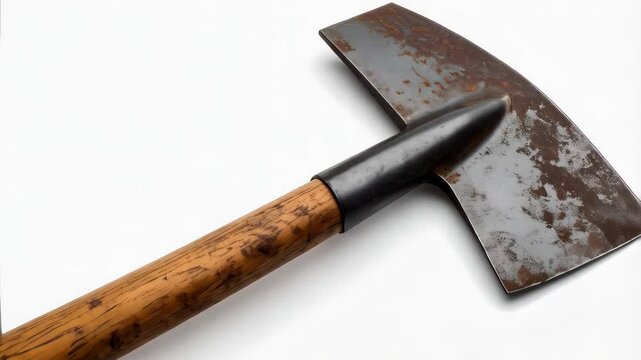 Close-up of a gray broad axe with wooden handle, some rust spots on a white backdrop casting a shadow. A hand tool for forestry.