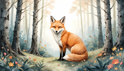 Obraz premium Watercolor Forest Fox, 