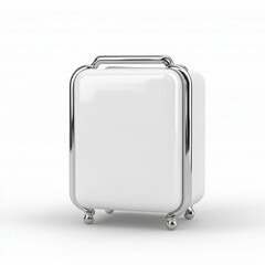 White Suitcase with Silver Frame on White Wood Background