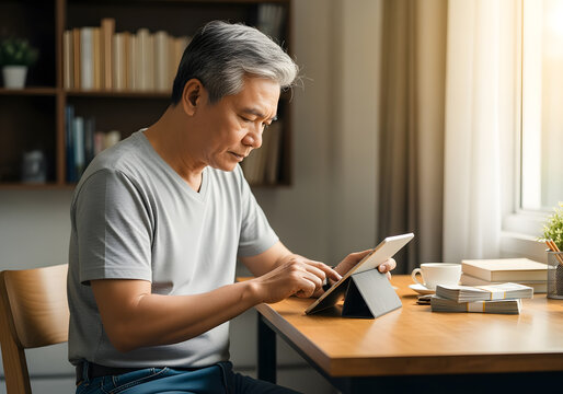Elderly man making online payment using digital tablet and credit card, enjoying convenient e-commerce experience from home