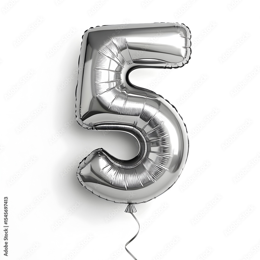 Fototapete a balloon shaped like the number 5 ,silver metallic finish with realistic reflections and smooth tex
