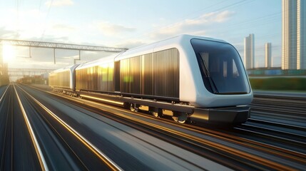 Naklejka premium Futuristic Train Expresses Speed and Modernity at Sunrise
