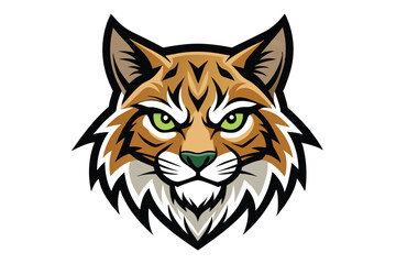 Bold bobcat portrait features intense green eyes and a striking black outline around its face